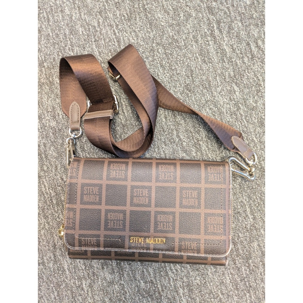 Steve Madden Brown Grid Logo Print‎ Wallet Clutch Crossbody Bag with Strap